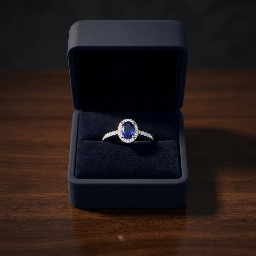 Sapphire Oval & Diamond Ring in 14K White Gold - presentation