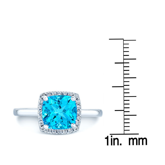Blue Topaz And Diamond Cushion Halo Slim Shank Ring In 14k White Gold
