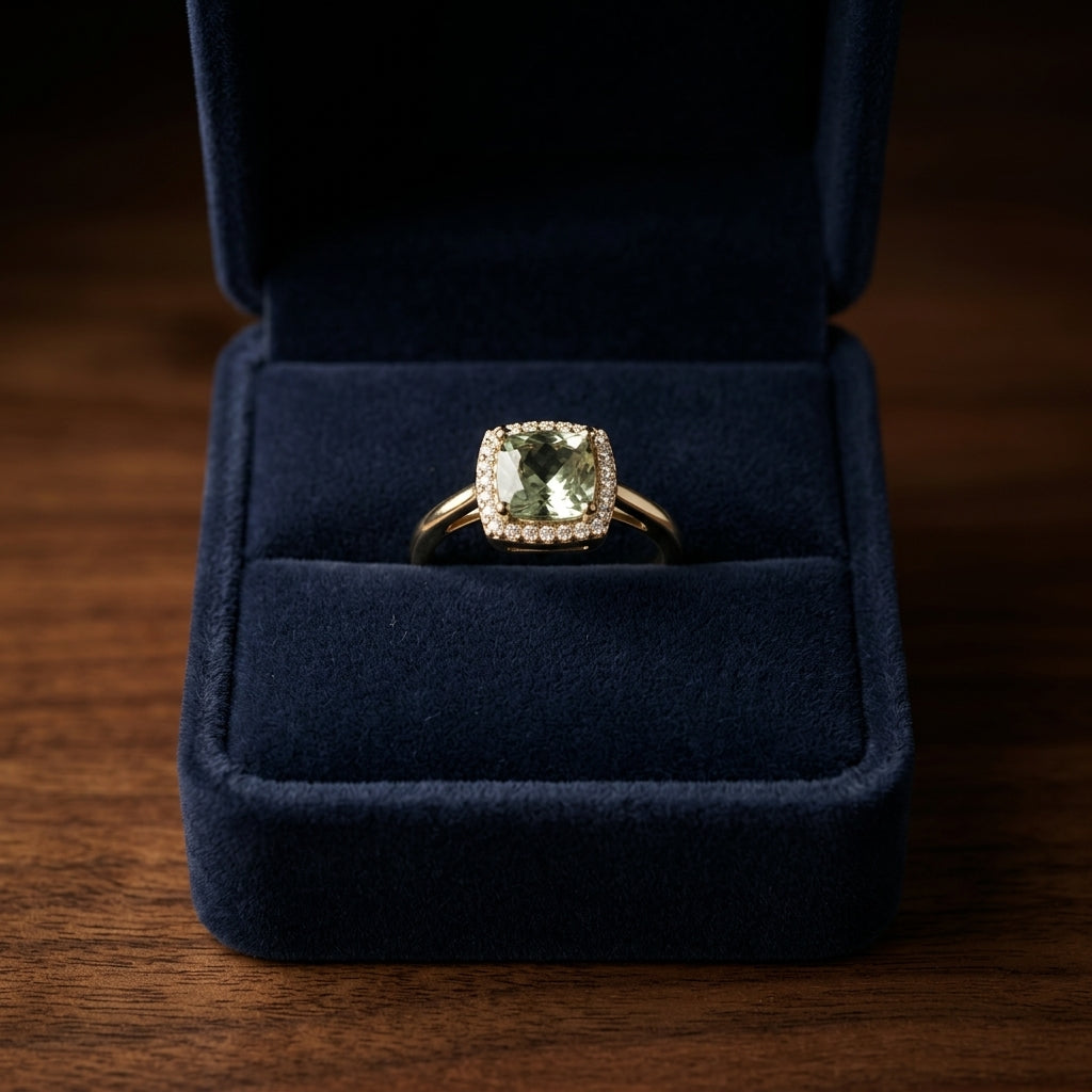 Green Quartz And Diamond Halo Ring In 14k White Gold — gift presentation