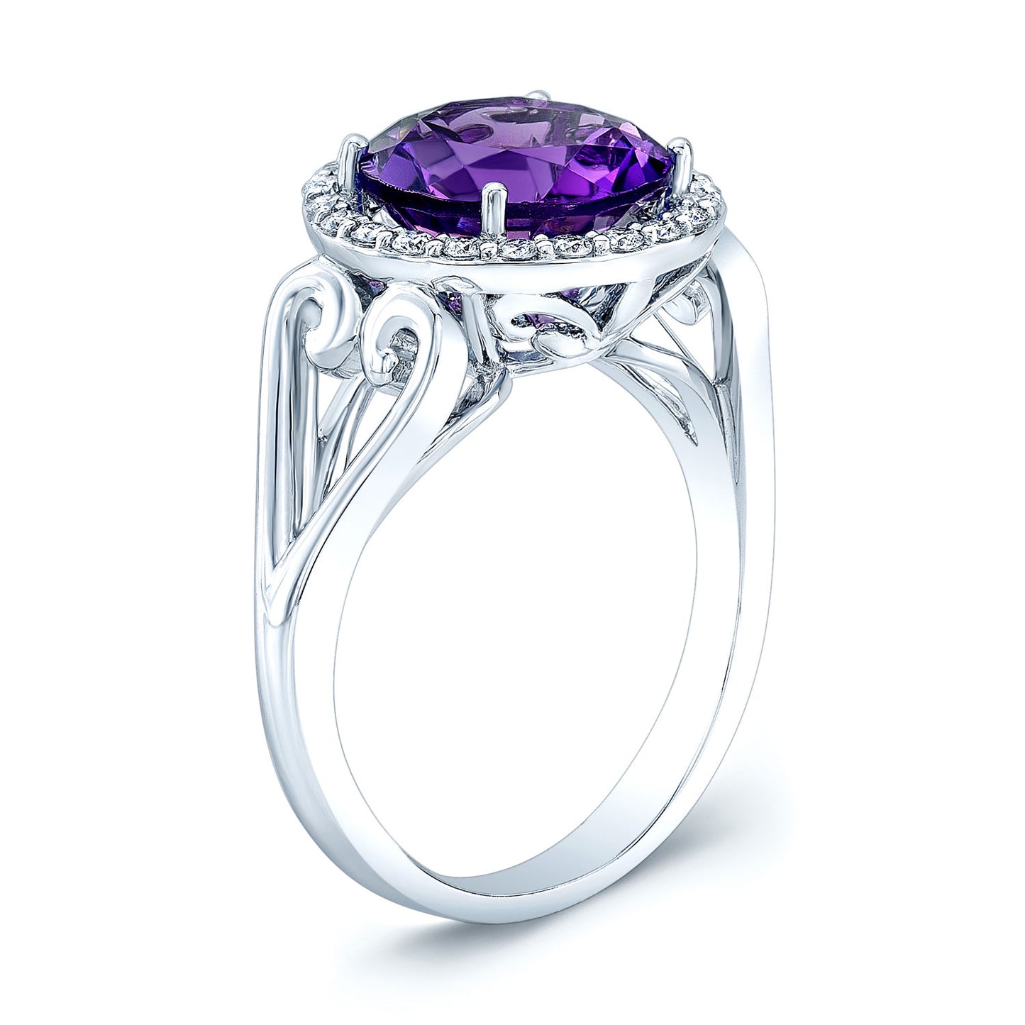 Amethyst And Diamond Halo Ring In 14k White Gold