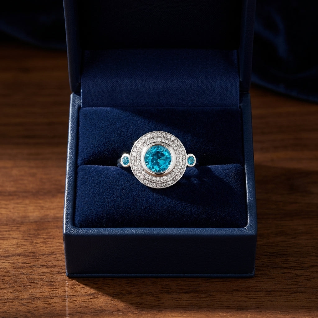 Blue Topaz And Diamond Circle Bezel Ring In 14k White Gold — gift presentation
