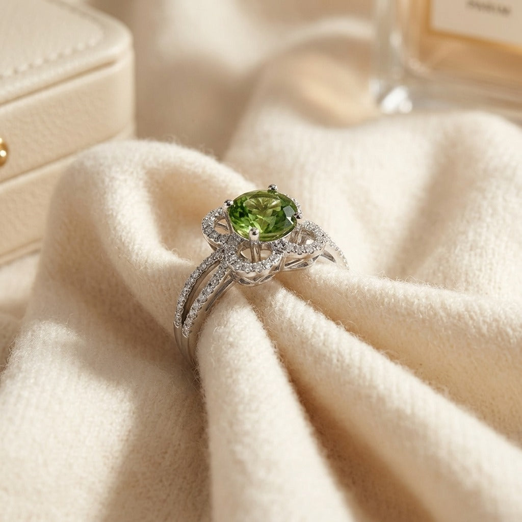 Green Tourmaline and Diamond Flower Basket Ring with Rounded Split Shank in 14k White Gold (6mm) — textile flat lay