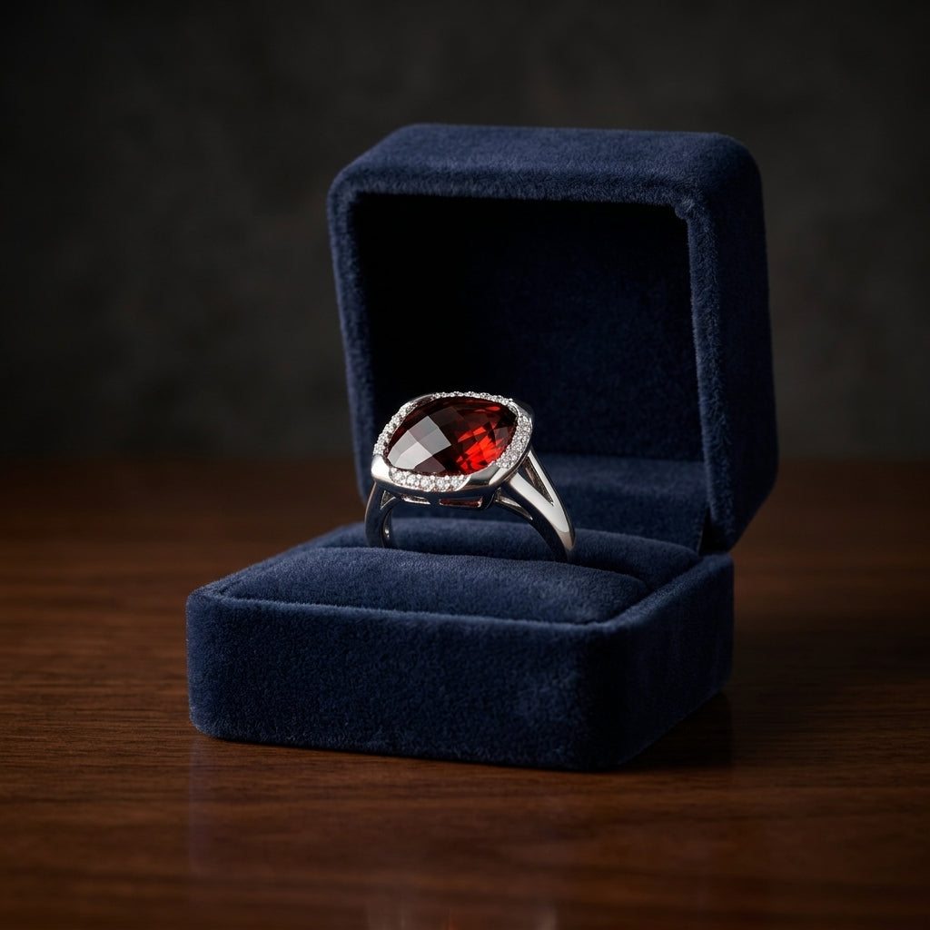 Garnet And Diamond Cushion Bezel Split Shank Ring In 14k White Gold — gift presentation