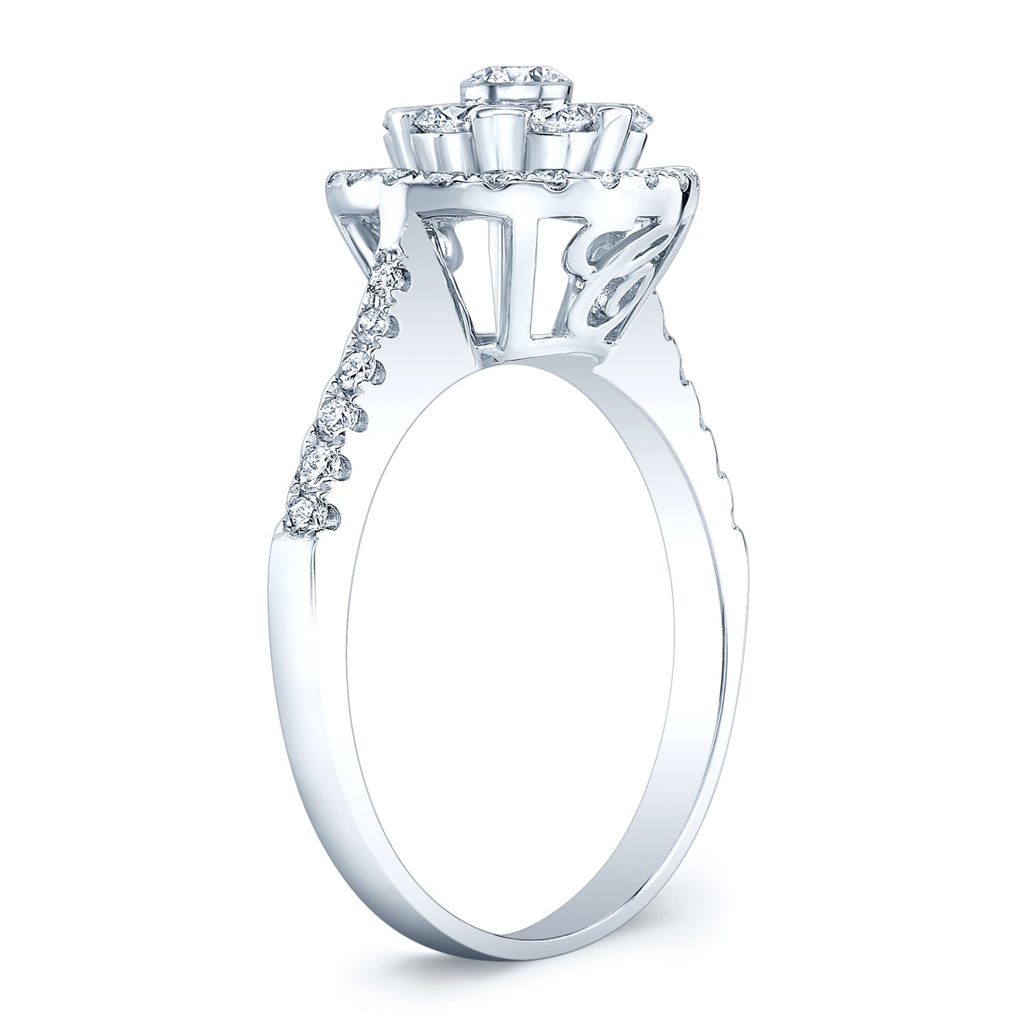 Diamond Halo Ring With Tapered Shank In 14k White Gold
