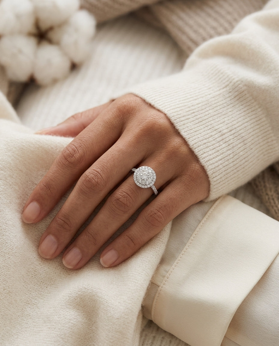 Diamond Halo Ring With Tapered Shank In 14k White Gold — editorial close-up
