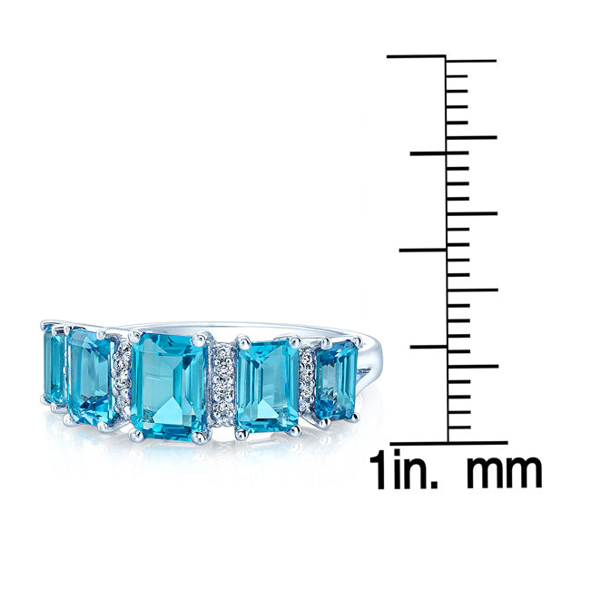 Swiss Blue Topaz 5 Stone & Diamond Emerald Cut Ring In 14k White Gold