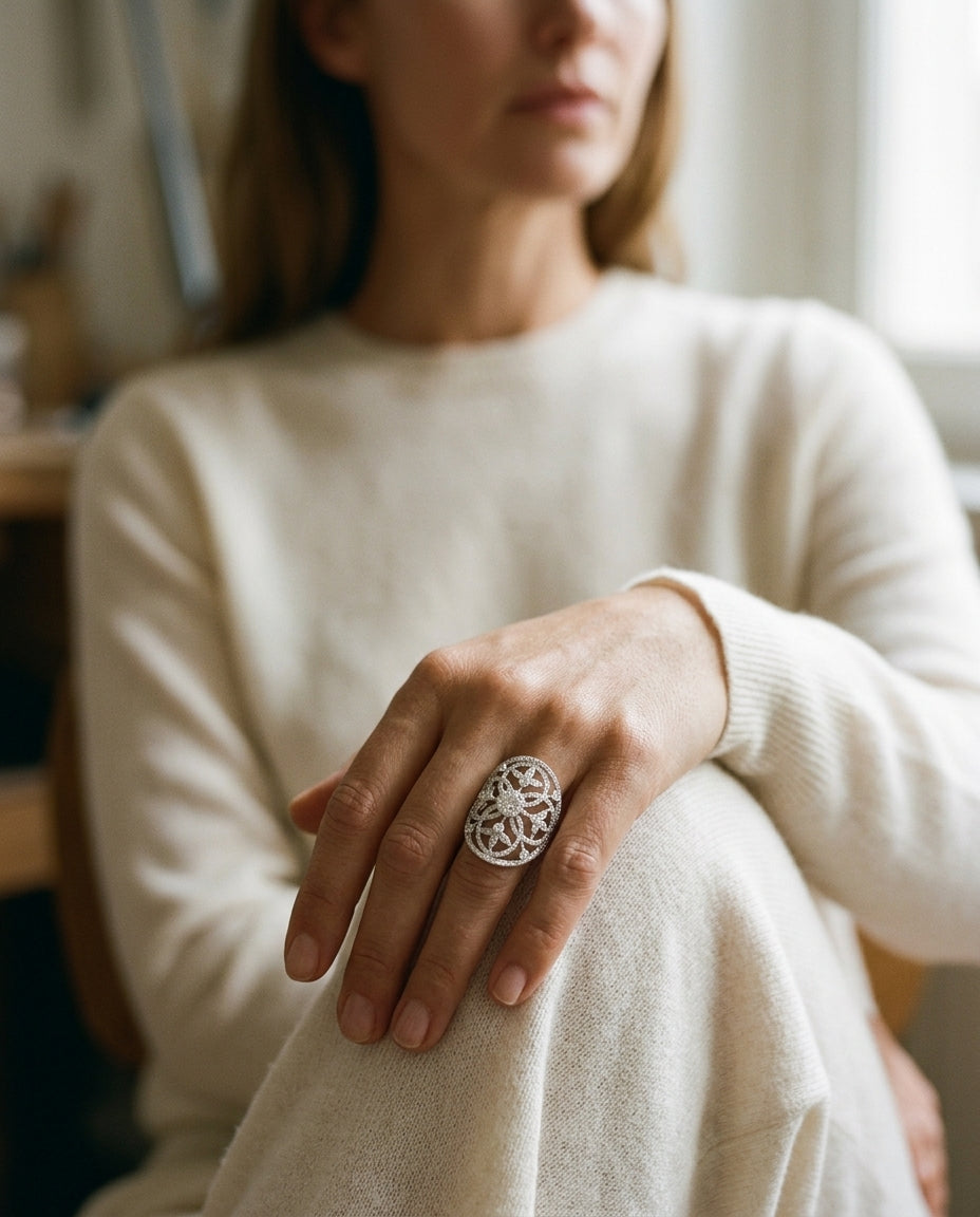 Diamond Edwardian Ring In 14k White Gold — editorial close-up