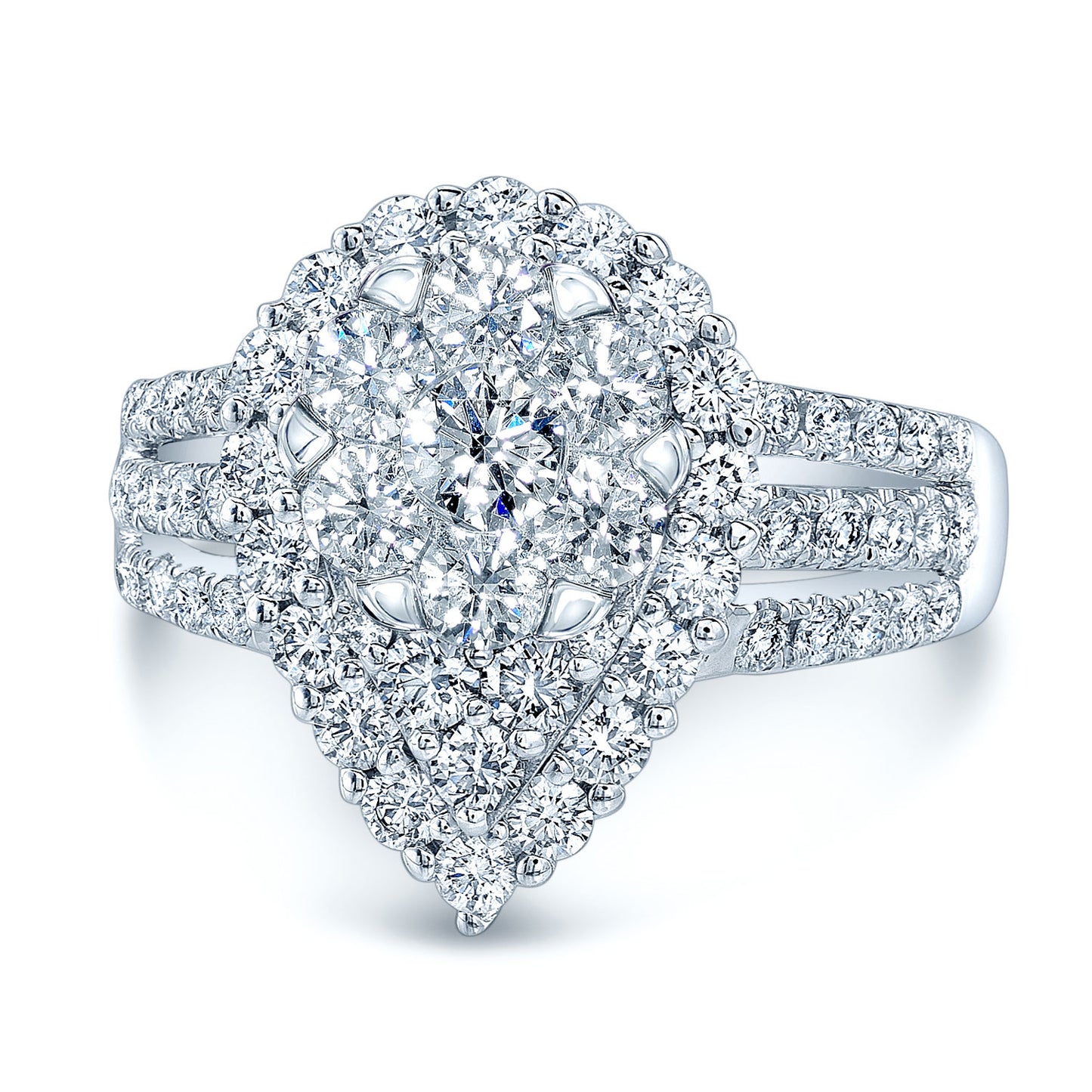 Diamond Tear Drop Triple Split Shank Ring In 14k White Gold
