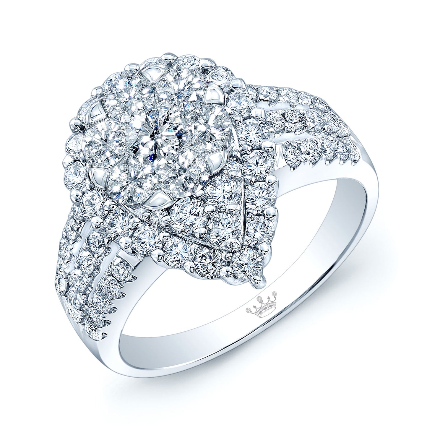 Diamond Tear Drop Triple Split Shank Ring In 14k White Gold