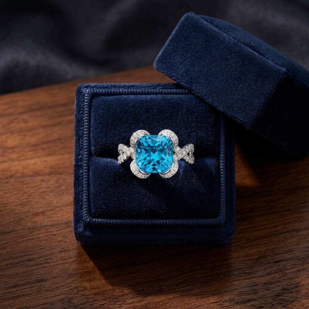 Swiss Blue Topaz Cushion And Diamond Twist Shank Ring In 14k White Gold — gift presentation