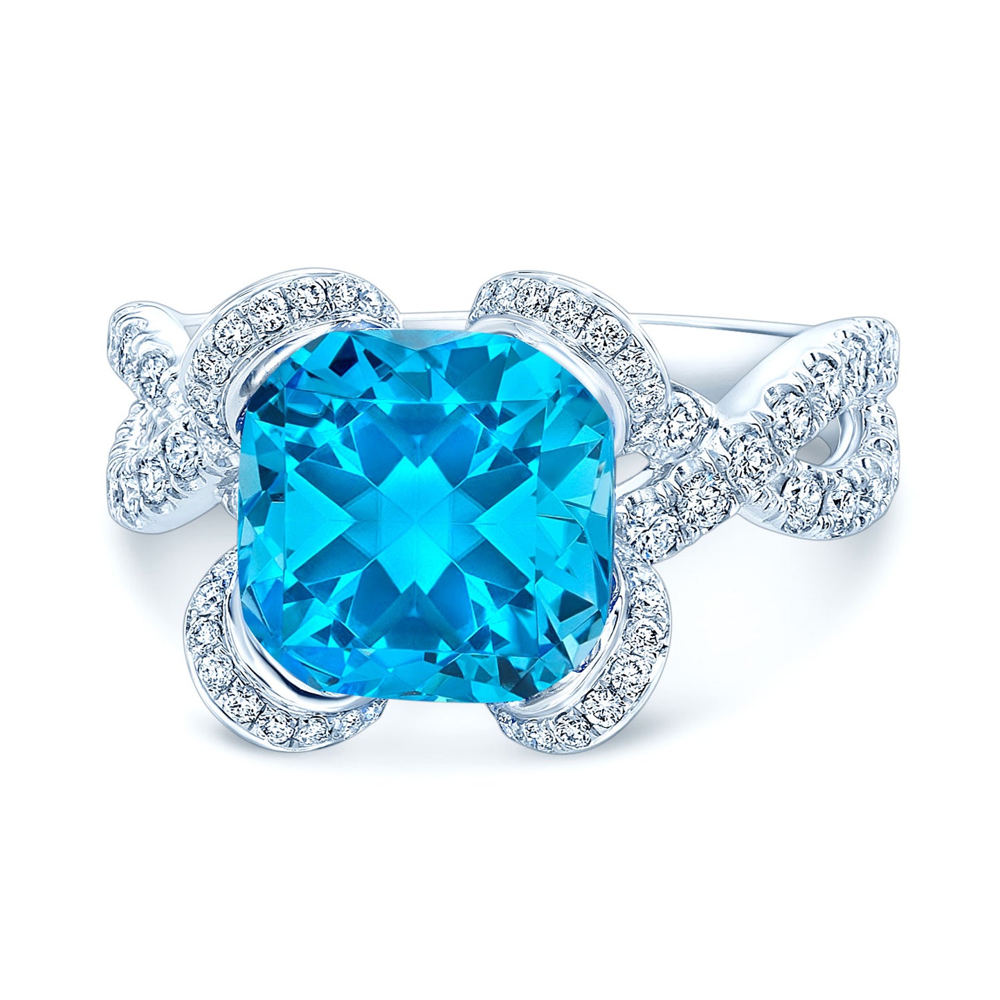 Swiss Blue Topaz Cushion And Diamond Twist Shank Ring In 14k White Gold