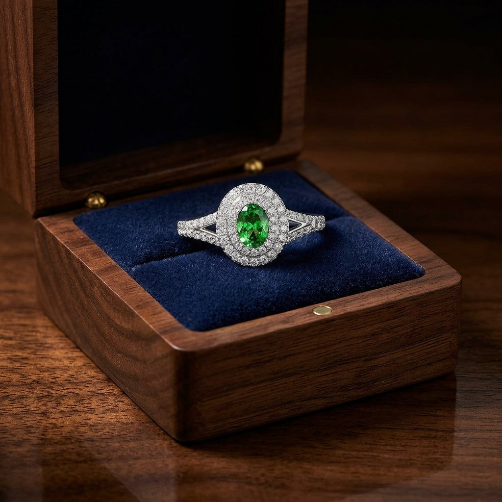 Tsavorite And Diamond Double Halo Ring In 14k White Gold — gift presentation