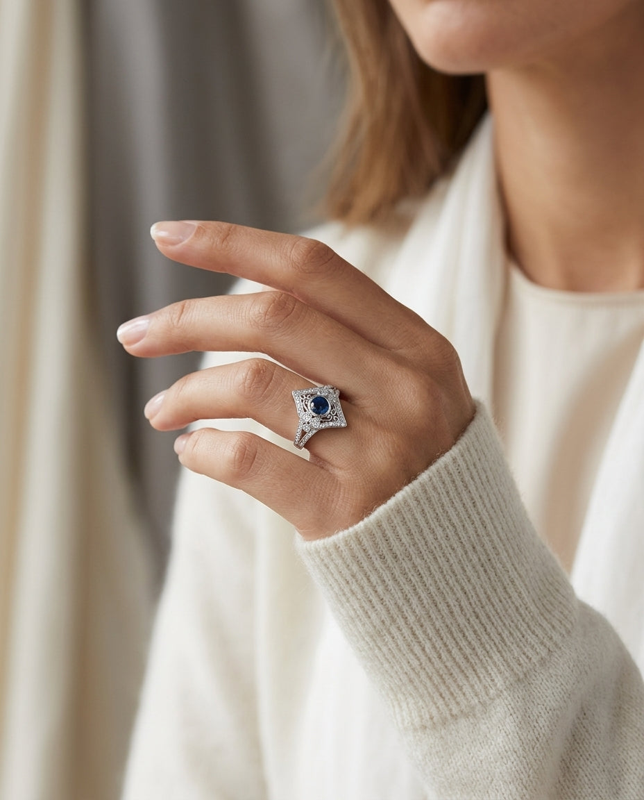 Sapphire And Diamond Bezel Shield Ring In 14k White Gold (4.5mm Ctr) — editorial close-up