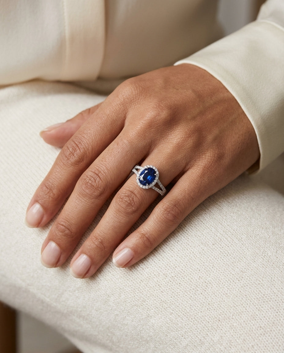 Sapphire Oval 8x6mm And Diamond Halo 14k White Gold — editorial close-up