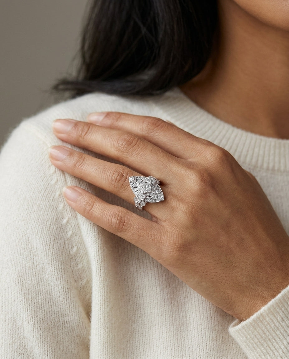 Diamond Antique Finish Art Deco Marquise Shape Ring In 14k White Gold — editorial close-up