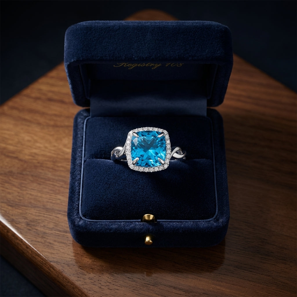 Blue Topaz And Diamond Twist Ring In 14k White Gold — gift presentation