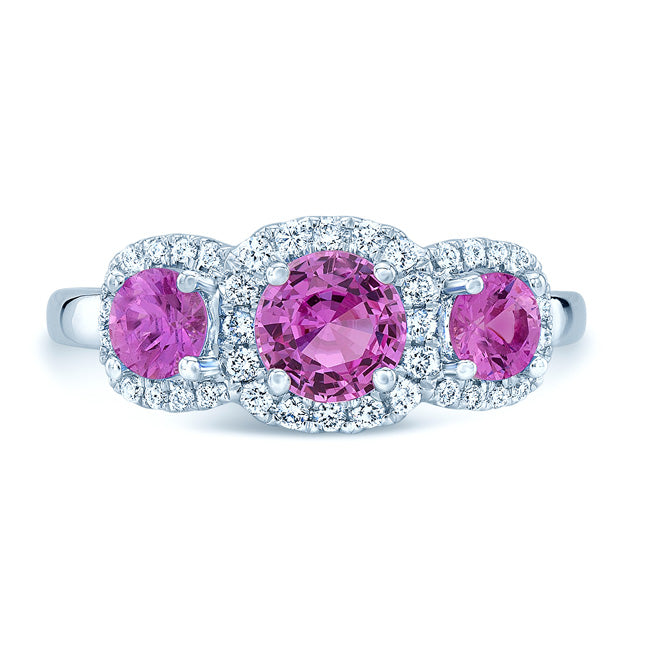 Pink Sapphire And Diamond 3 Stone Halo Ring In 14k White Gold (1/5 Ct. Tw.)