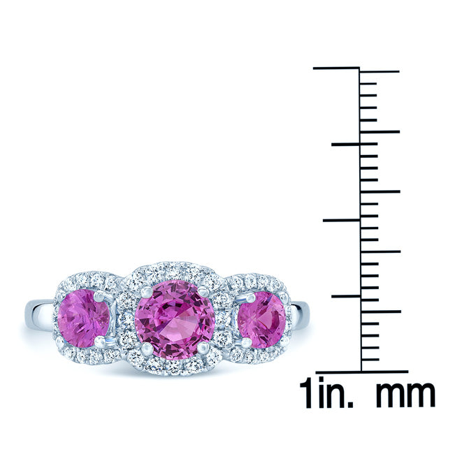 Pink Sapphire And Diamond 3 Stone Halo Ring In 14k White Gold (1/5 Ct. Tw.)