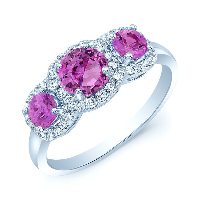 Pink Sapphire And Diamond 3 Stone Halo Ring In 14k White Gold (1/5 Ct. Tw.)