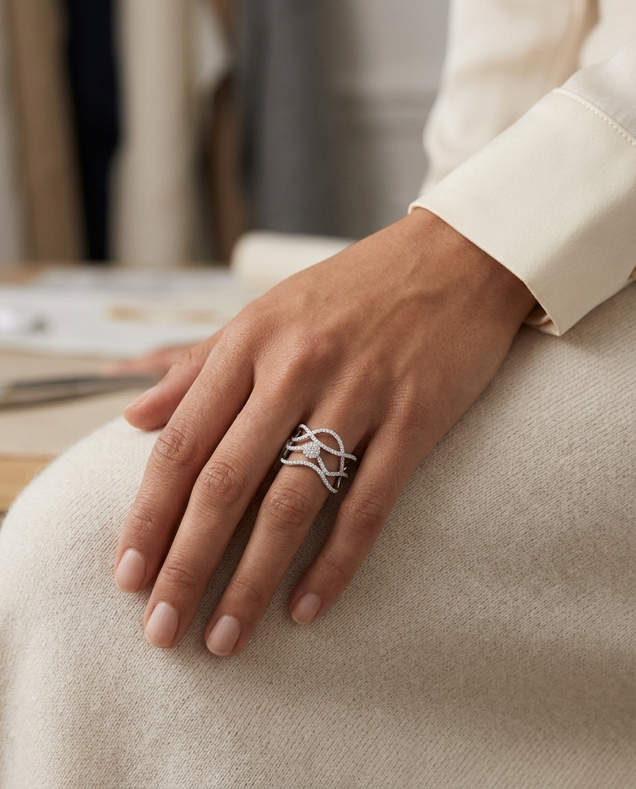 Twisting Diamond Ring Hand Ring In 14k White Gold — editorial close-up