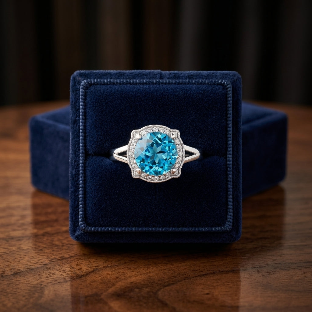 Blue Topaz And Diamond Round Halo Pinched Corner Ring In 14k White Gold — gift presentation