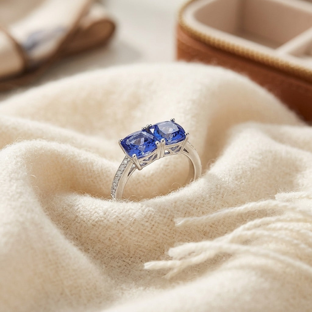 Tanzanite Double Stone and Diamond Pave Shank Ring in 14k White Gold — textile flat lay