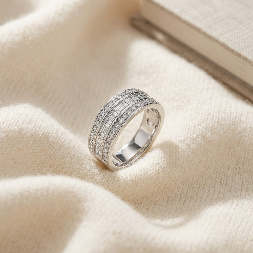 Diamond Multi-Row Band with Baguette Channel Center and Pave Edges in 14k White Gold — textile flat lay