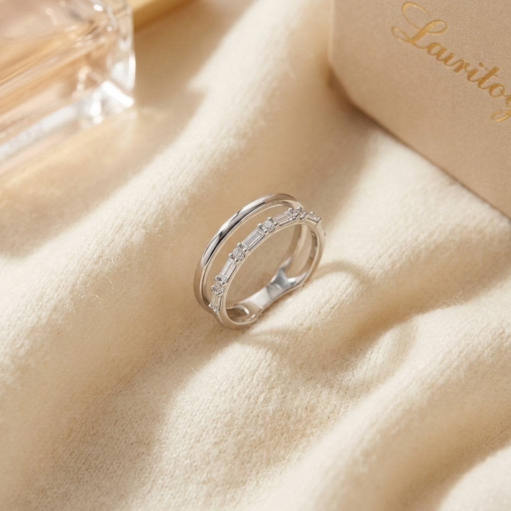 Diamond Round and Baguette Channel Open Band in 14k White Gold — textile flat lay