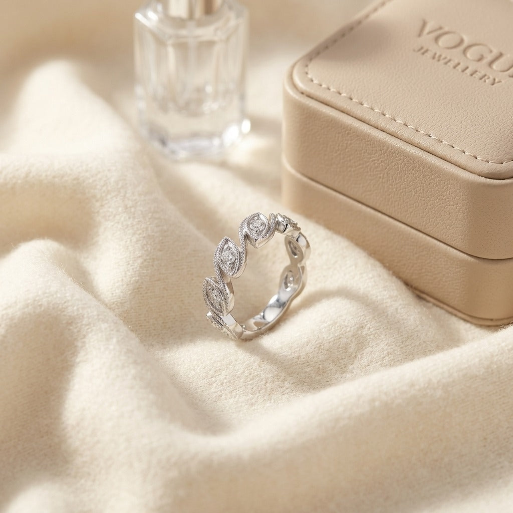 Diamond Leaf Band in 14k White Gold — textile flat lay