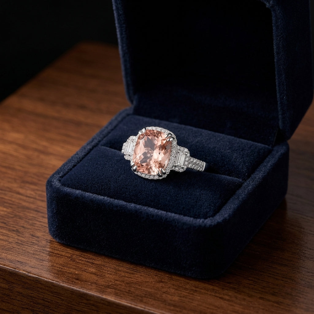 Morganite & Diamond Cushion Halo Ring with Baguette Shoulders & Pave Double Row Shank in 14K White Gold - presentation