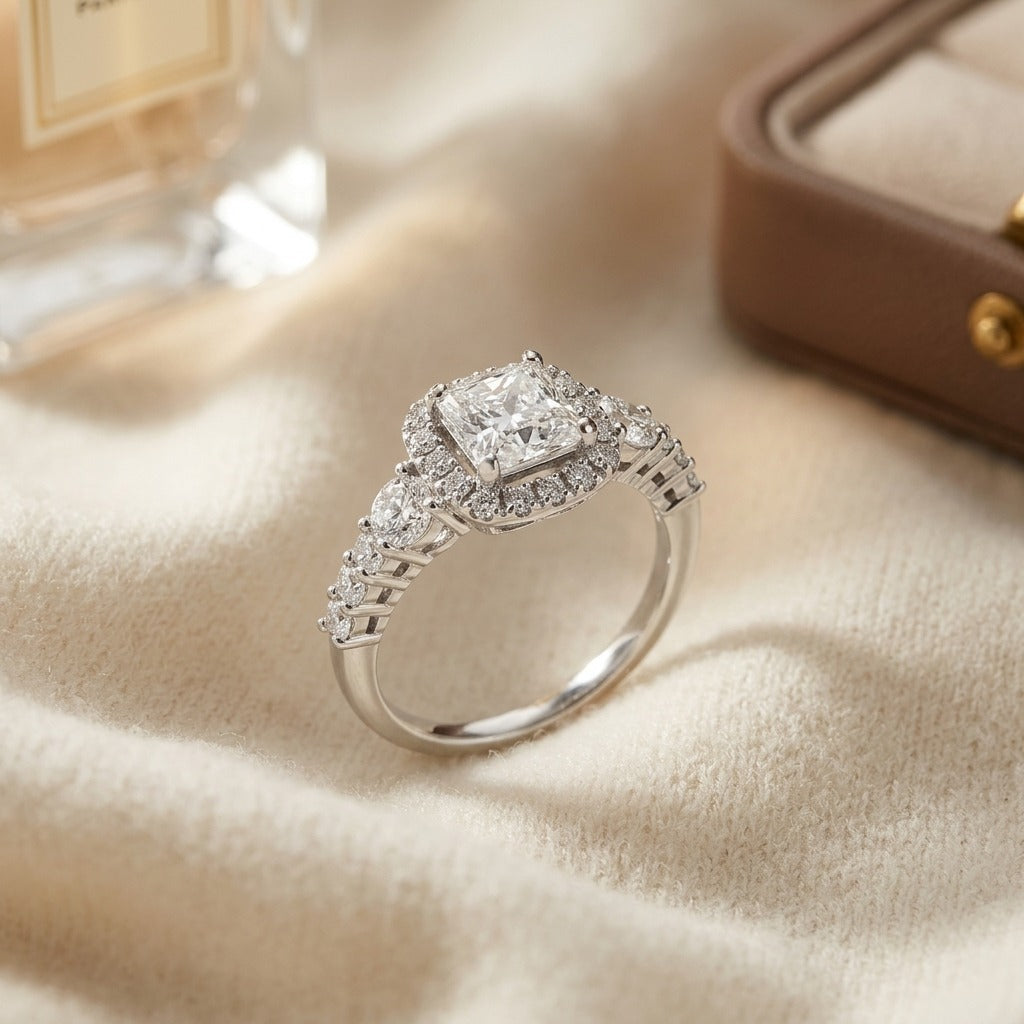 Diamond Cushion Halo Ring in 14k White Gold 3/4ctw 5.5mm Princess Cz Ctr — textile flat lay