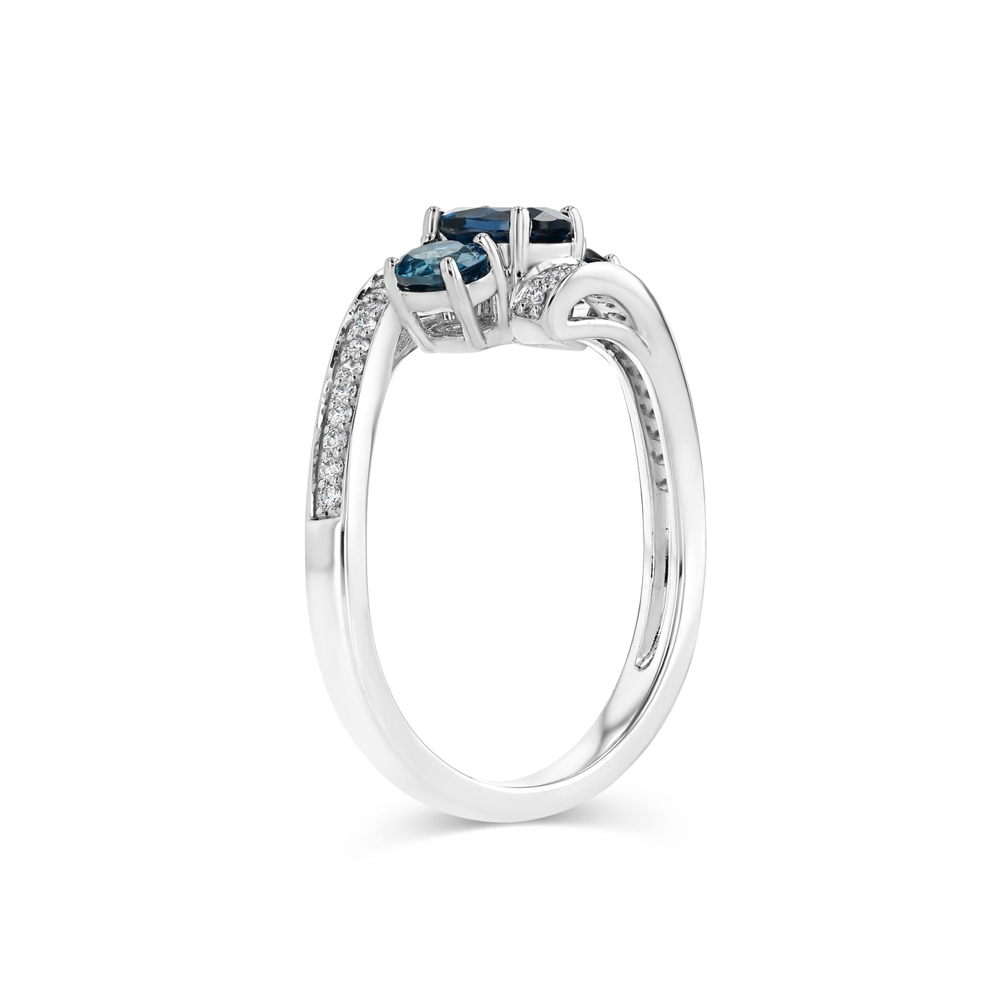 London Blue Topaz Three Stone Swirl Ring in 14k White Gold 1/8ctw