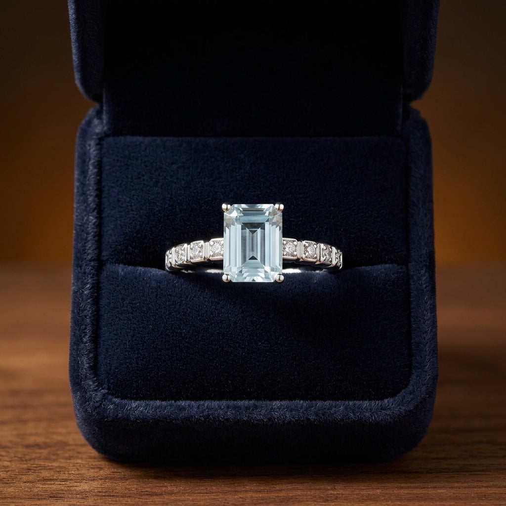 Aquamarine and Diamond Corrugated Shank Ring in 14k White Gold 1/12ctw — gift presentation