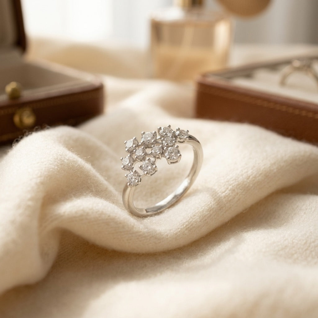 Scattered Diamond Ring in 14k White Gold — textile flat lay