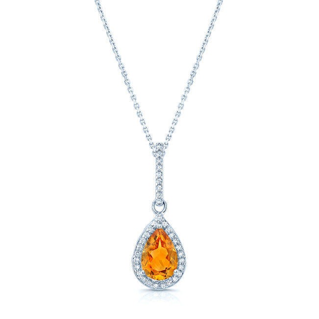 Citrine And Diamond Pendant In 14k White Gold (1/6 Ct.tw.)