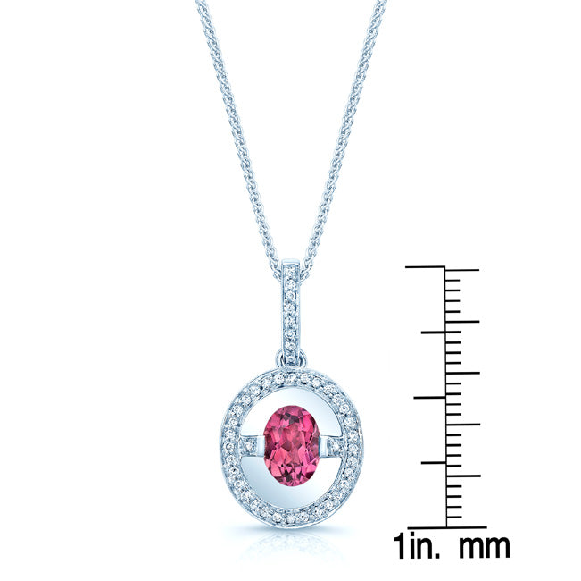 Pink Tourmaline And Diamond Oval Dangle Halo Pendant In 14k White Gold (18-in Curb Chain)