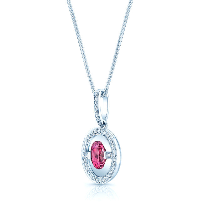 Pink Tourmaline And Diamond Oval Dangle Halo Pendant In 14k White Gold (18-in Curb Chain)