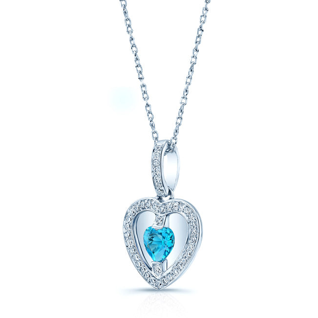 Blue Topaz Heart And Diamond Pendant 14k White Gold