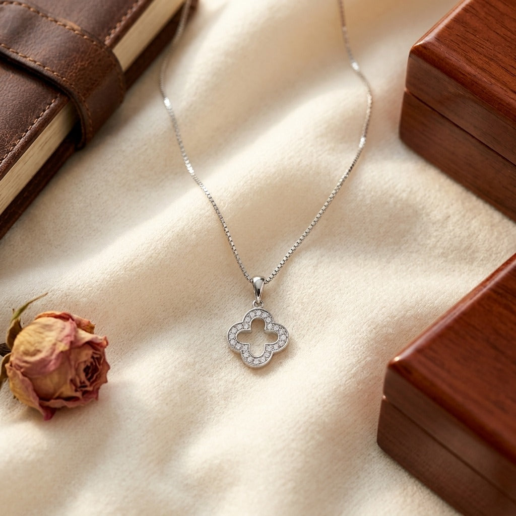 Diamond Clover Pave Pendant in 14k White Gold (17 Inch Spiga) — textile flat lay