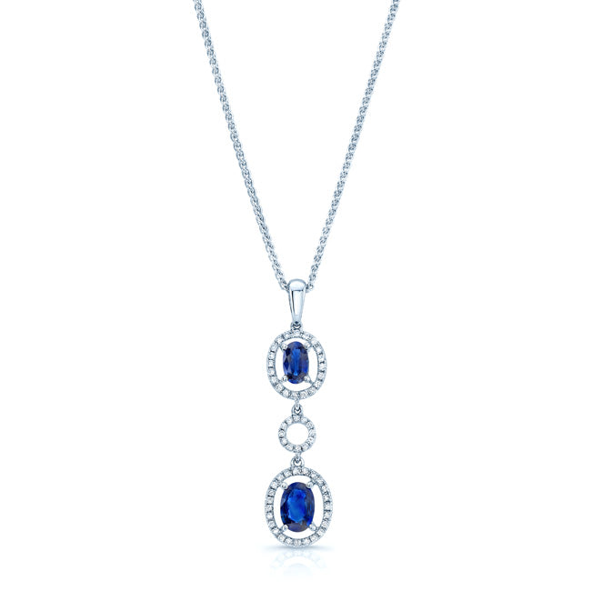 Sapphire And Diamond Oval Drop Pendant In 14k White Gold (17-in Wheat Chain)