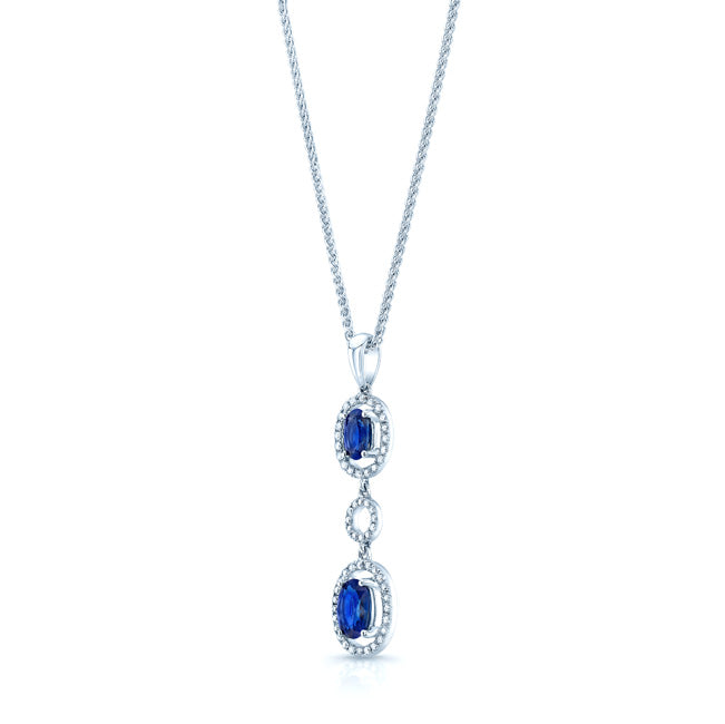 Sapphire And Diamond Oval Drop Pendant In 14k White Gold (17-in Wheat Chain)