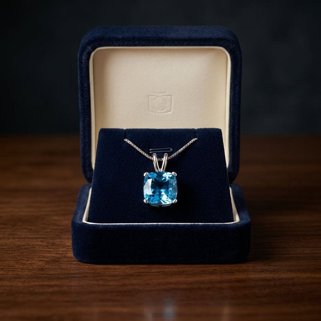 Blue Topaz Cushion Pendant In 14k White Gold — gift presentation