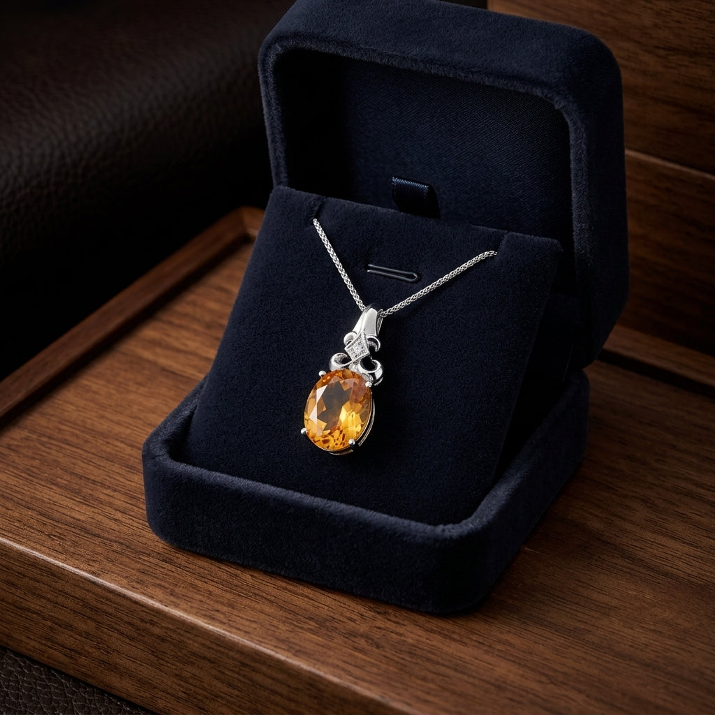 14k White Gold 11x9mm Oval Citrine & Diamond Pendant — gift presentation