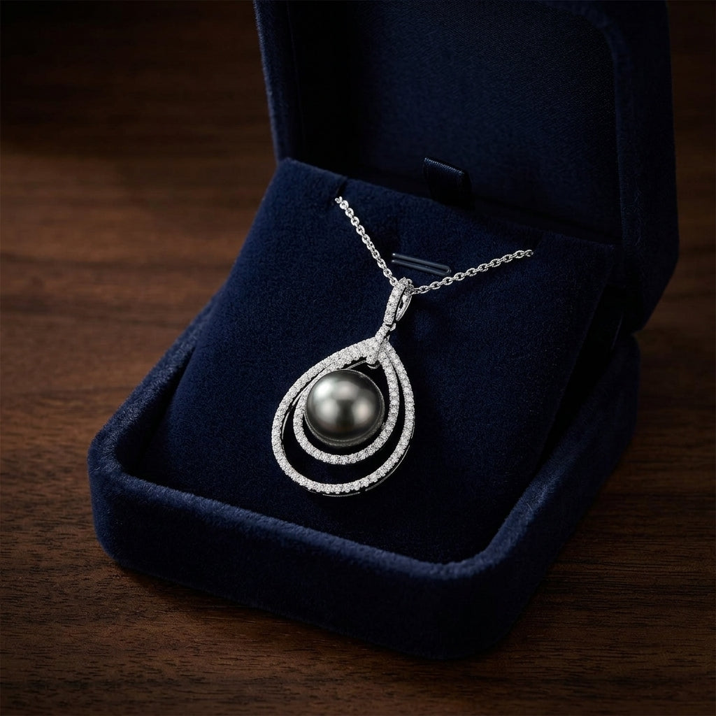 Black Tahitian Pearl & Diamond Pendant In 14k White Gold — gift presentation