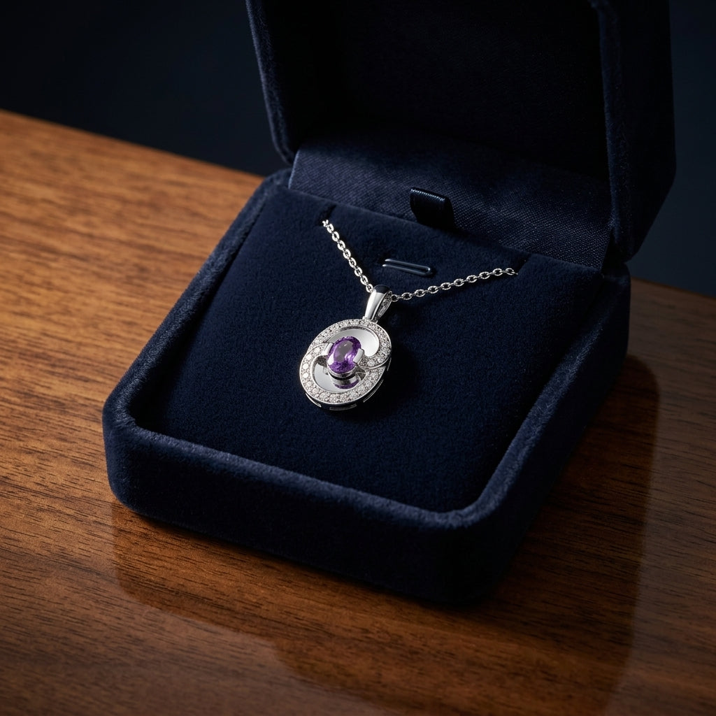 Amethyst And Diamond Oval Swirl Pendant In 14k White Gold (17-in Curb Chain) — gift presentation