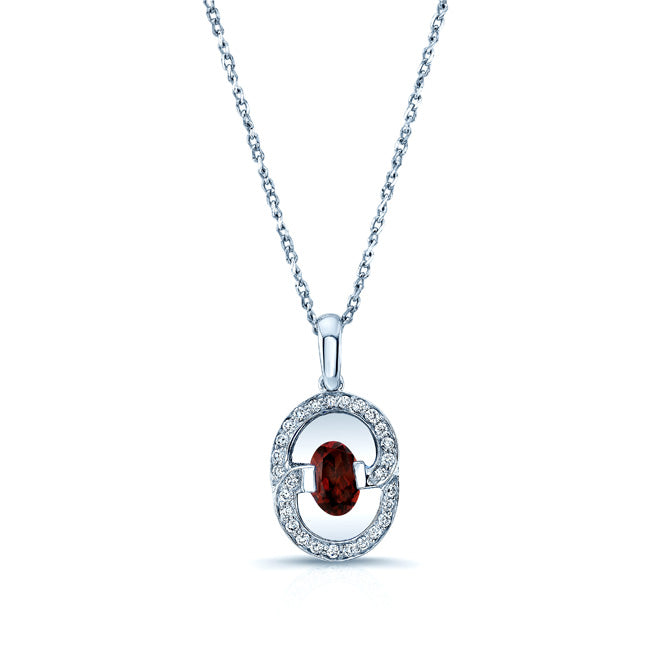 Garnet And Diamond Oval Swirl Pendant In 14k White Gold (17-in Curb Chain)