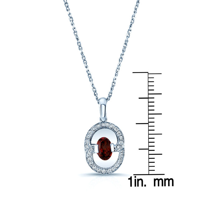 Garnet And Diamond Oval Swirl Pendant In 14k White Gold (17-in Curb Chain)