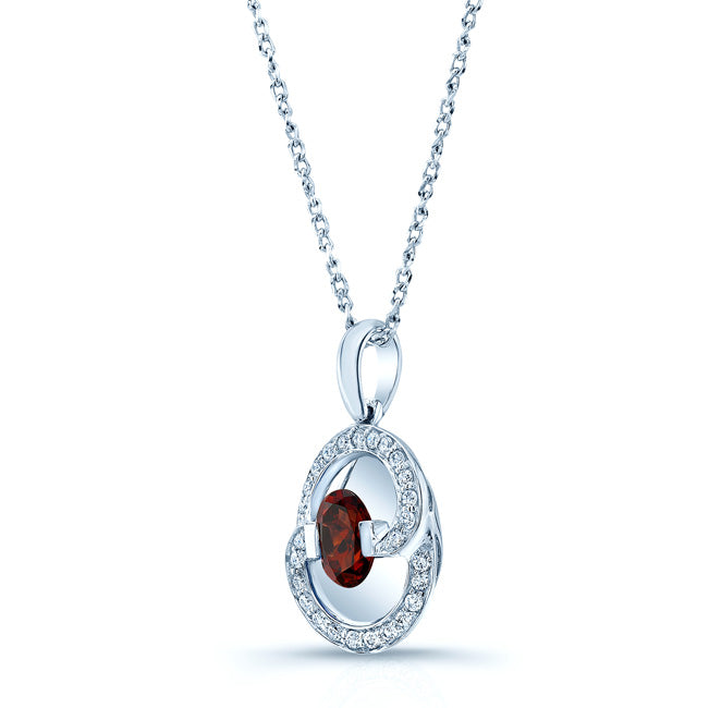Garnet And Diamond Oval Swirl Pendant In 14k White Gold (17-in Curb Chain)