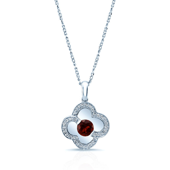 Garnet And Diamond Clover Pendant In 14k White Gold (17-in Curb Chain)