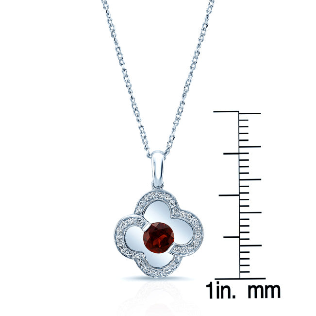 Garnet And Diamond Clover Pendant In 14k White Gold (17-in Curb Chain)